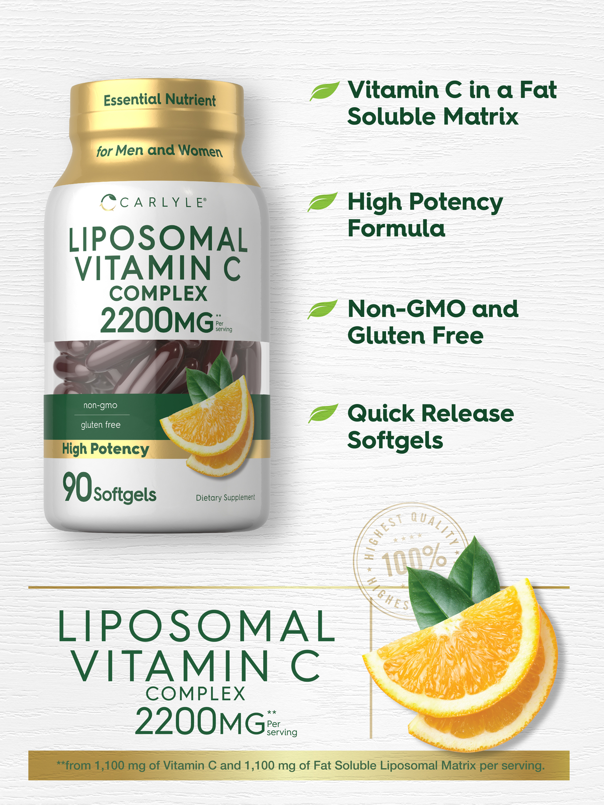 Liposomal Vitamin C Complex | 2200mg | 90 Softgels | High Potency | by Carlyle