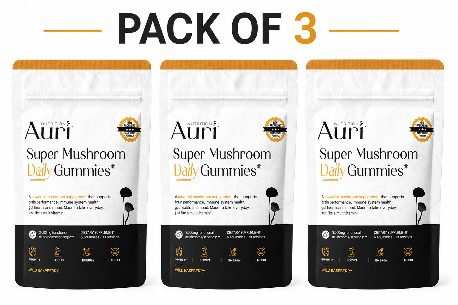 3 pack Auri Nutrition Super Mushroom Daily Gummies All-in One Functional 60 Gumy