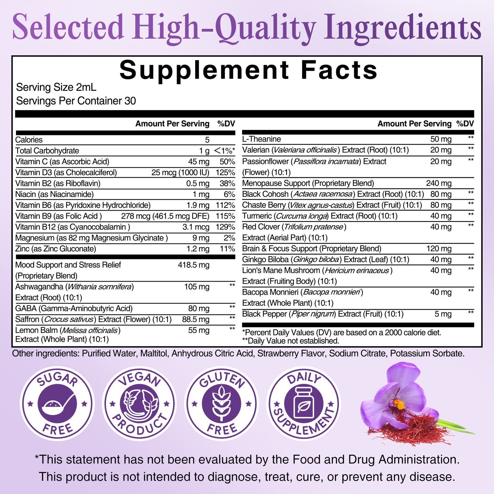 Saffron Supplements 88.5 mg &Ashwagandha, Magnesium, Zinc, B12 & D3 60ml