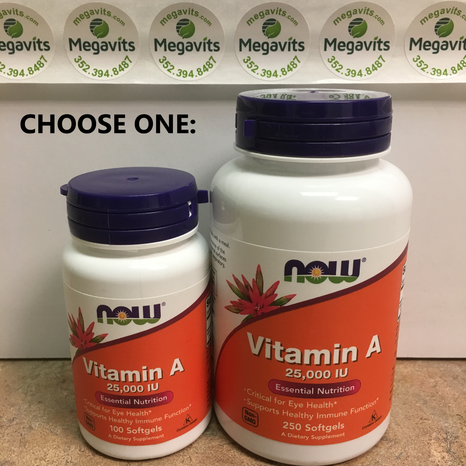CHOOSE ONE: NOW Vitamin A 25,000 IU 100 OR 250 Softgels – Essential Nutrition