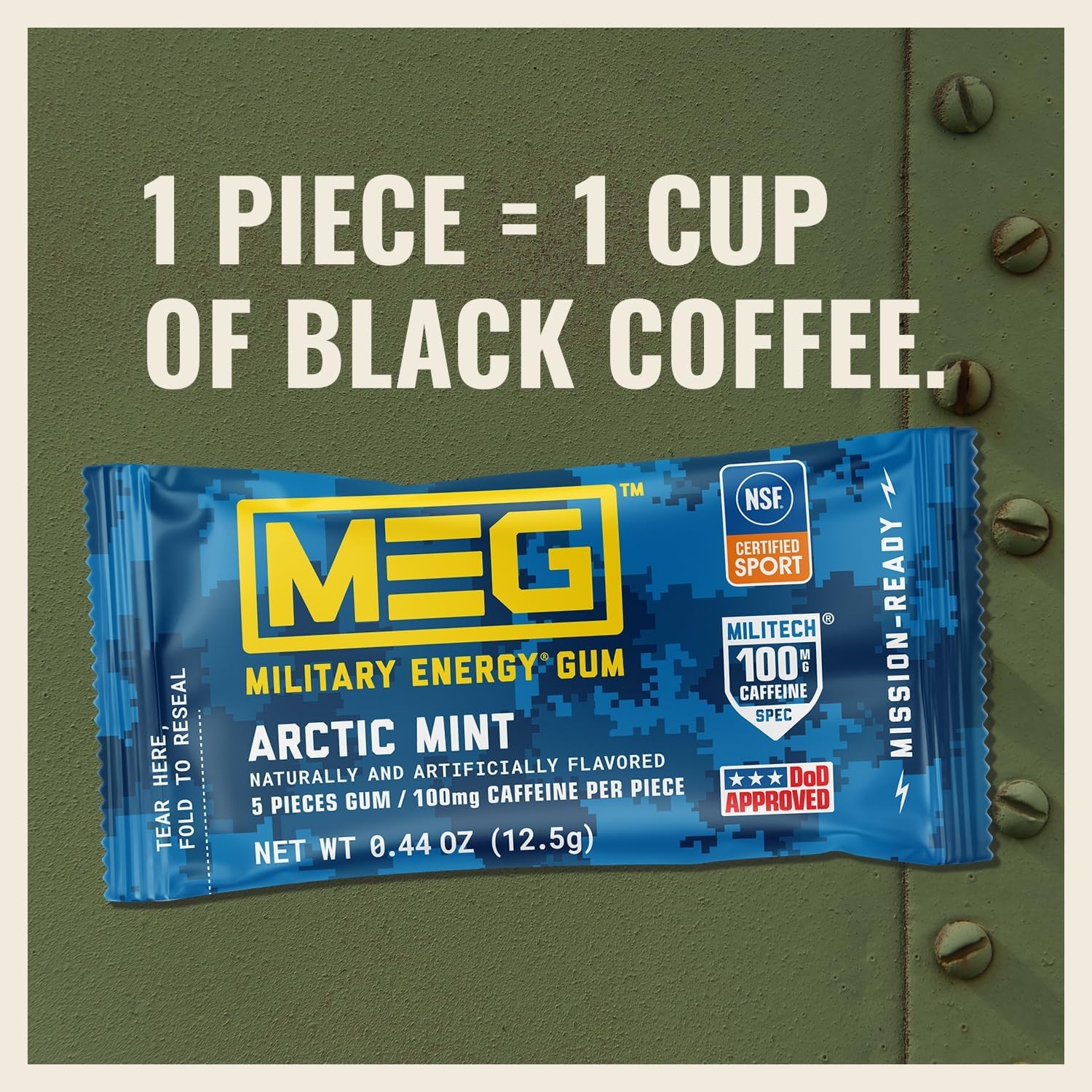 MEG – Military Energy Gum – Arctic Mint | 100mg 5 Count (Pack of 4),