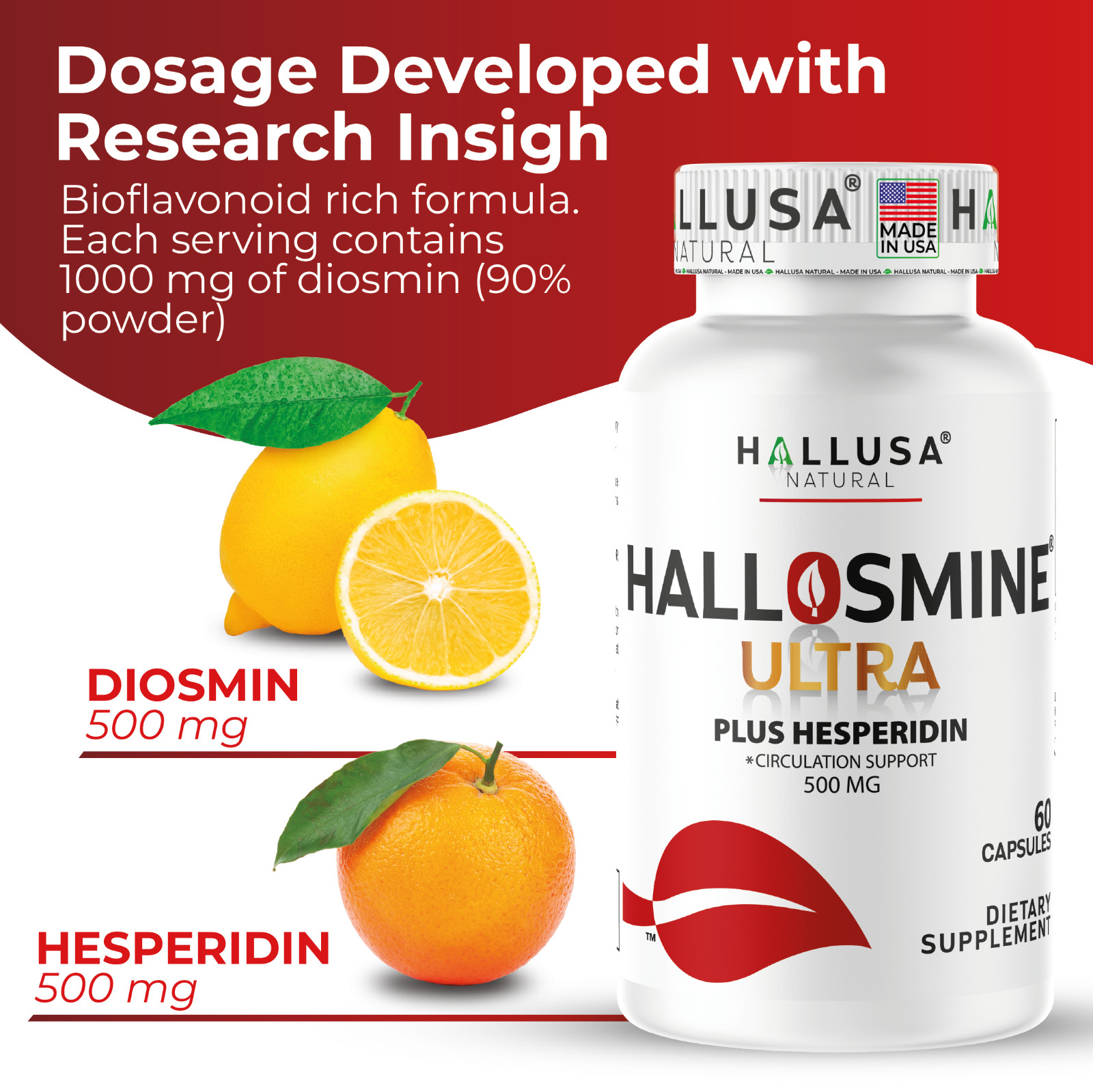 HALLOSMINE ULTRA Diosmin Hesperidin 650mg, Varicose Veins, Hemorrhoids, 60 caps
