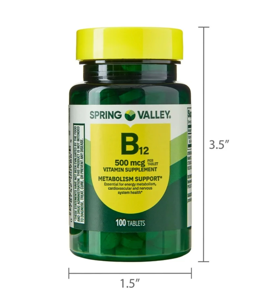 Vitamin B12 500 mcg Spring Valley 100 Tablets Energy Metabolism Support.;