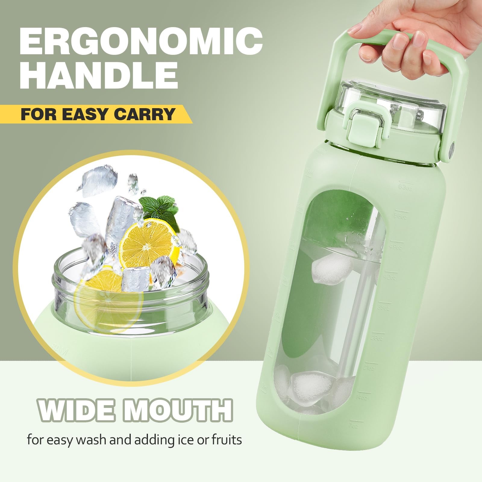 BLUEGO 64oz Glass Water Bottle with Handle and Straw, 64 Ounces, Light Green
