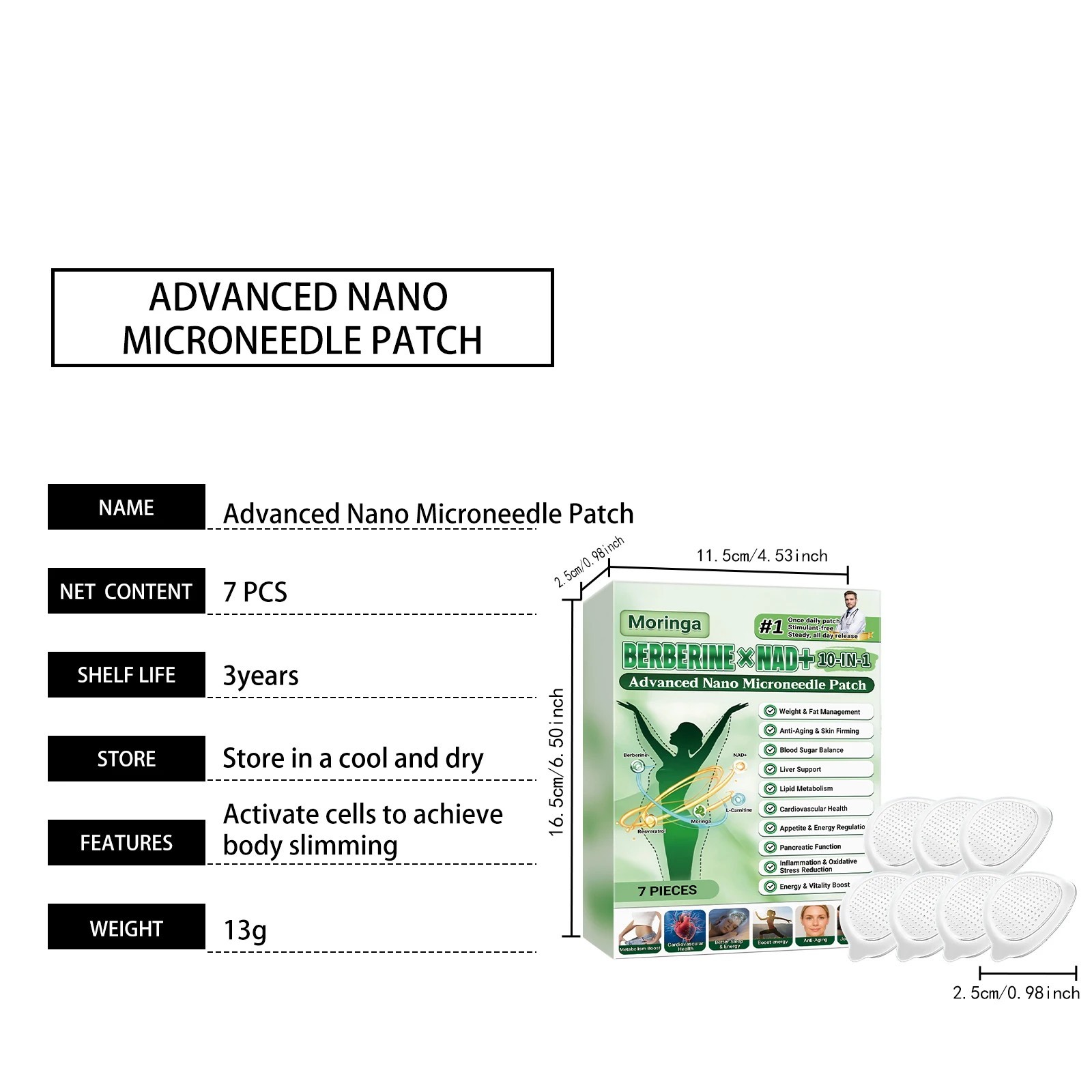 10-in-1 Moringa Berberine Weight Loss Patch Nano Microneedle Slimming 7pcs