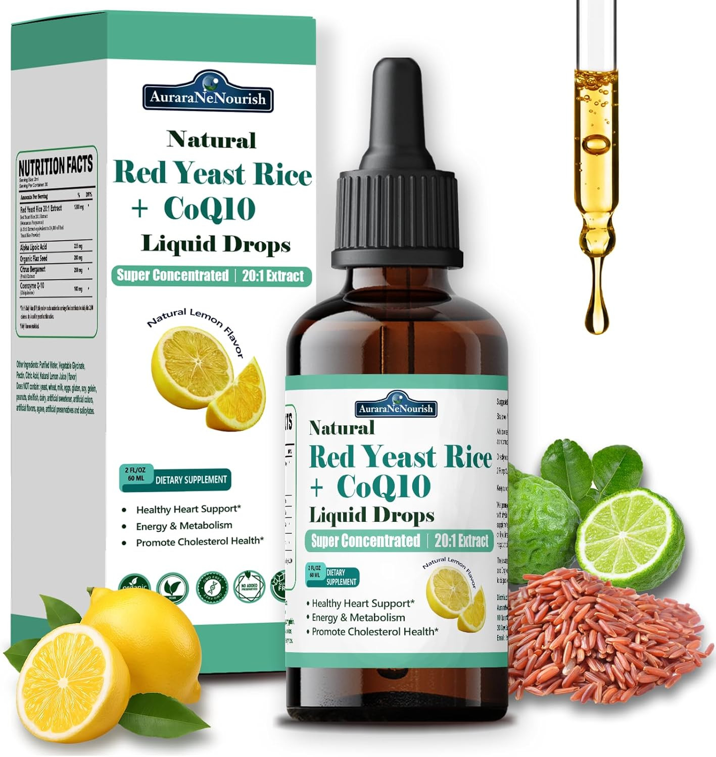 Liposomal Red Yeast Rice with Coq10 Liquid Drops, 5-in-1 Extra Strength 1200mg C