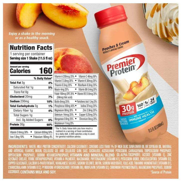 Premier Protein Shake Peaches & Cream 30g Protein 11.5oz 12 Count