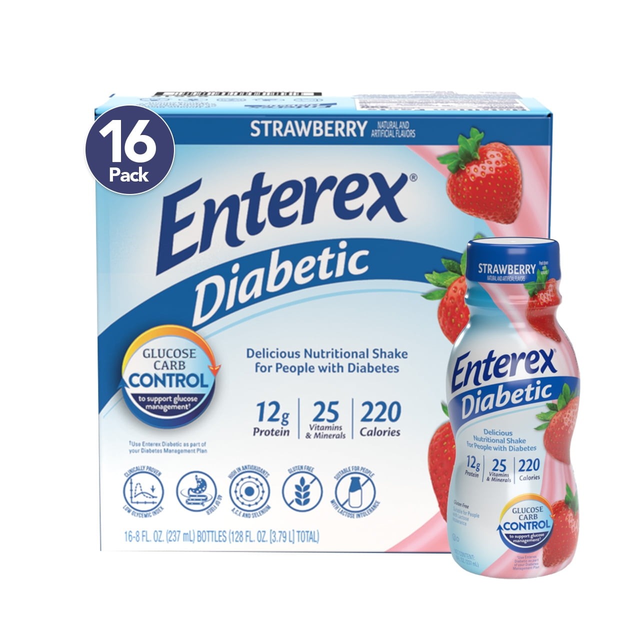 Enterex Nutritional Shake – Diabetic Meal Replacement,Strawberry,8fl oz 16-Pack