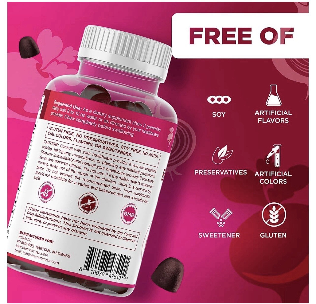 2 Vitamatic Beet Root Gummies 400mg with B6 (2mg) B12 Grape Seed Pomegranate &