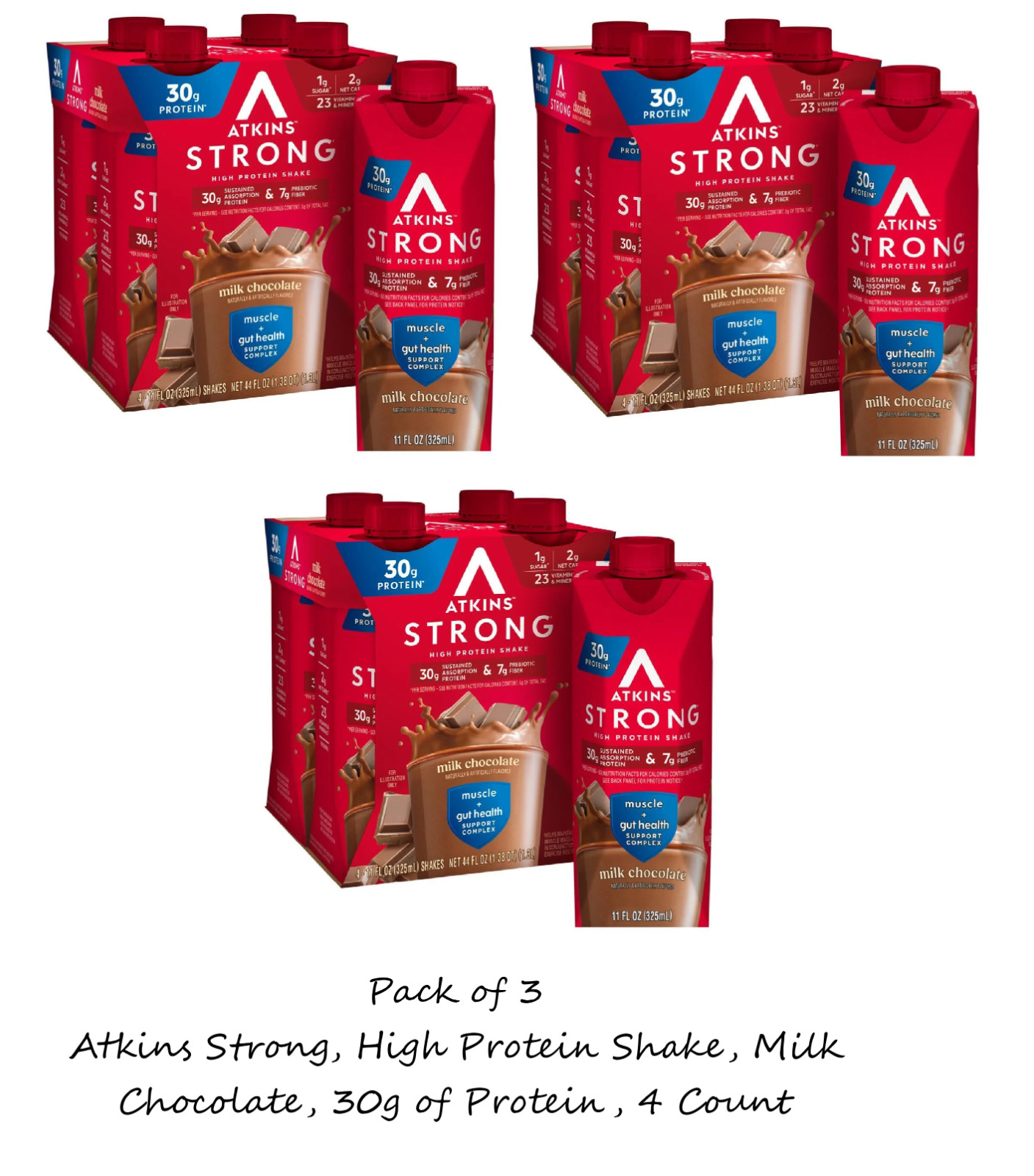 (3 Pack of 4 count) Atkins Strong High Protein Shake, Milk Chocolate, 30g