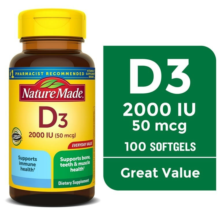 Nature Made Vitamin D3 2000 IU (50 mcg) 100 Softgels Gluten Free Immune