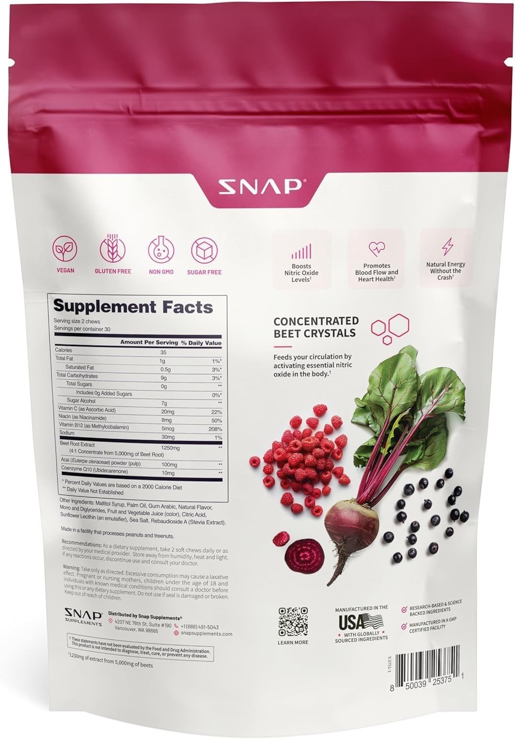 Beet Root Nitric Oxide Supplements for Energy & Heart Health – 60 Soft Chews