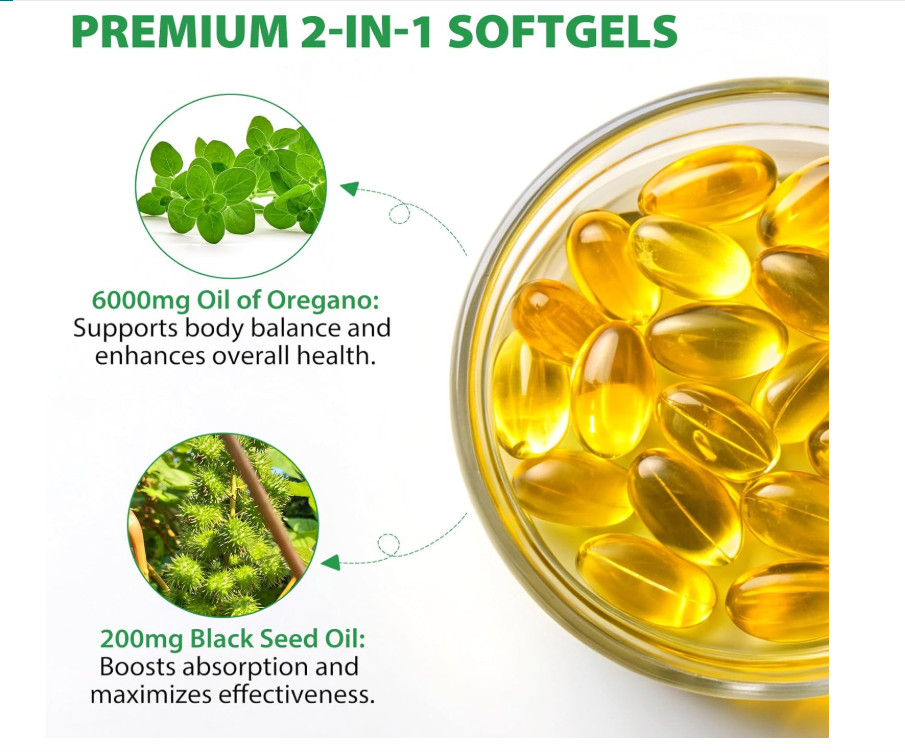 Oil of Oregano 6000mg Softgels Black Seed Oil 120 Capsules Immune Respiratory Di