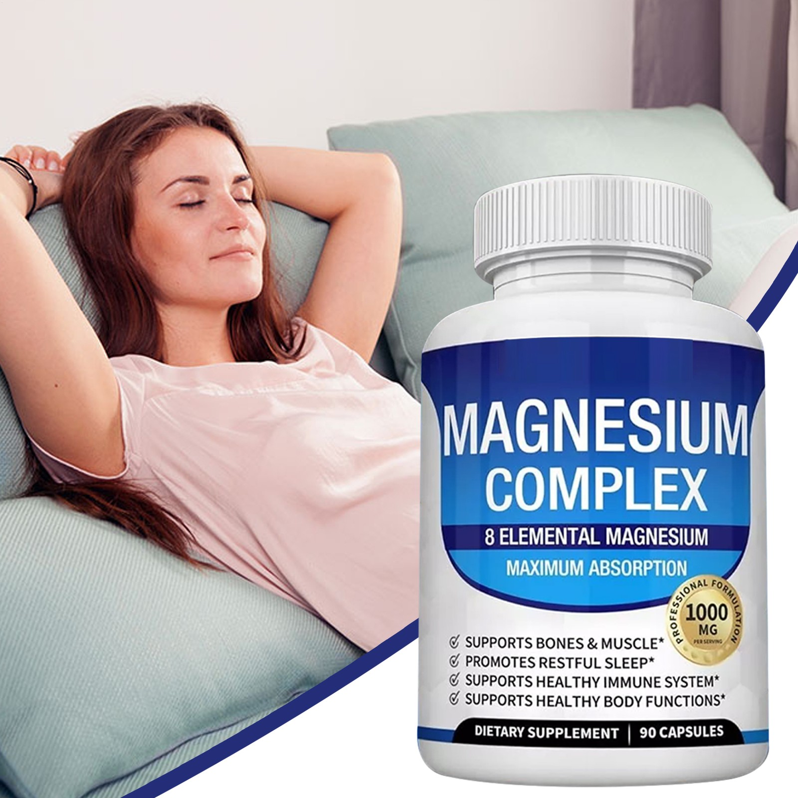 90 Count Magnesium Glycinate Complex Capsules, 1000mg Daily Mineral Wellness