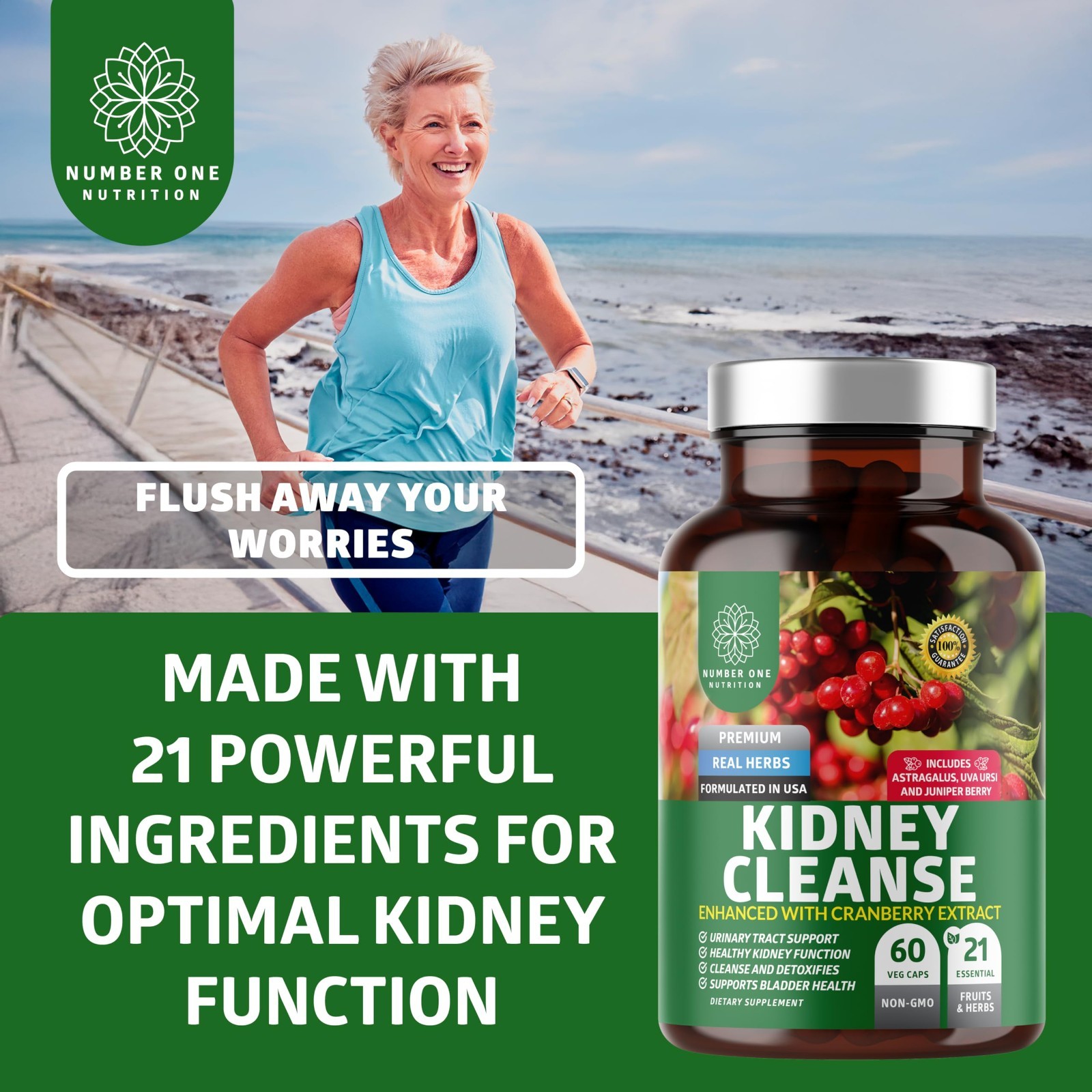 Kidney Support Supplement with 21 Herbs & Cranberry, Astragalus, Uva Ursi – 60 C