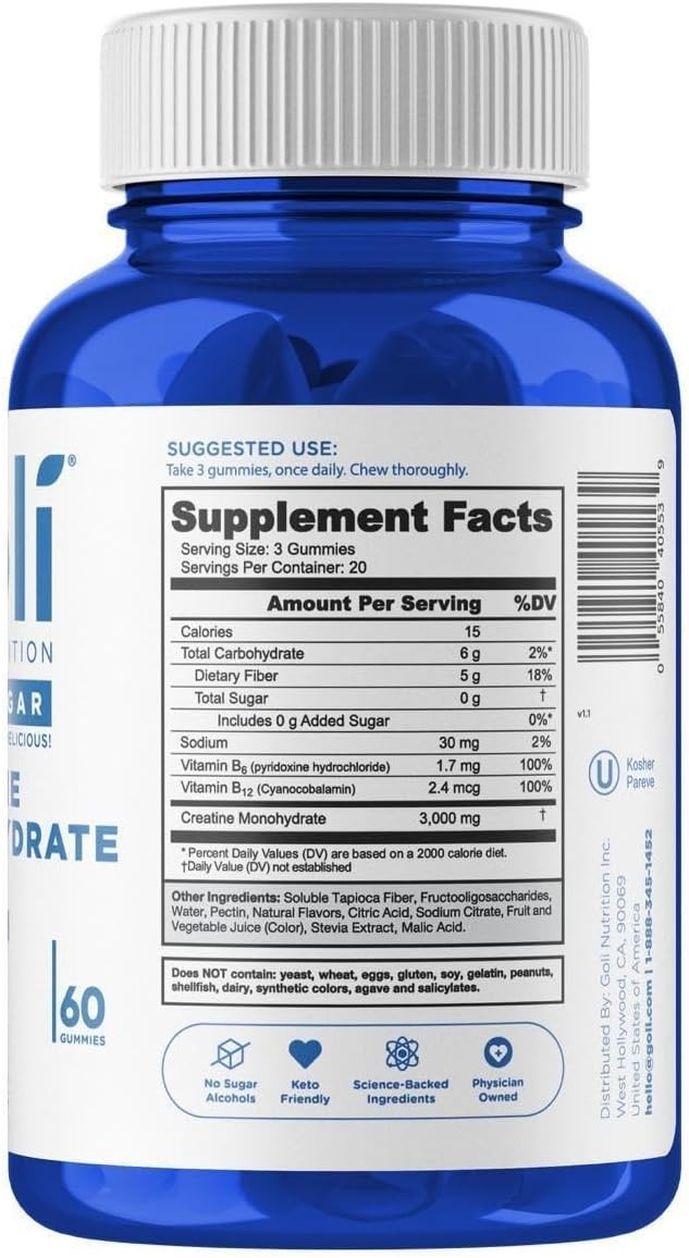 Goli Creatine Monohydrate Gummies 60 Count Zero Sugar Gluten-Free Exp 10/2027