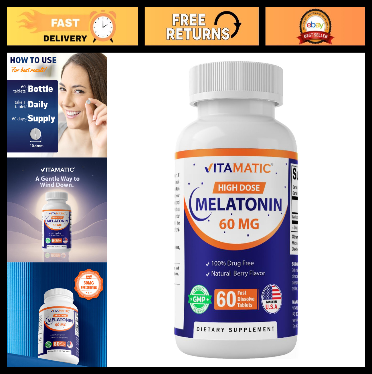 Melatonin 60mg Fast Dissolve Tablets – Vegan Berry Flavor, Non-GMO, Gluten-Free