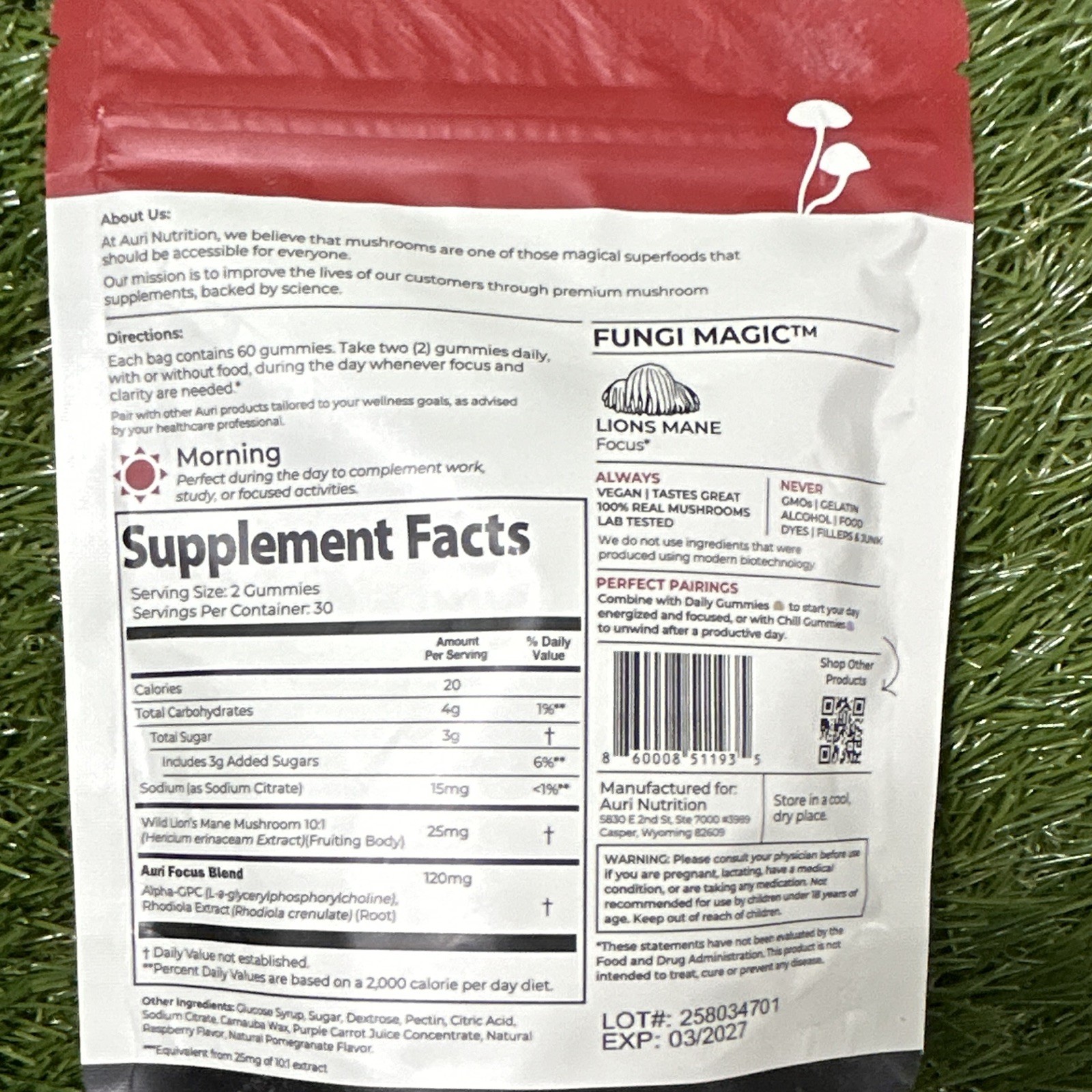 Auri Nutrition Super Mushroom Focus Gummies Lion’s Mane Alpha-GPC Rhodiola 60