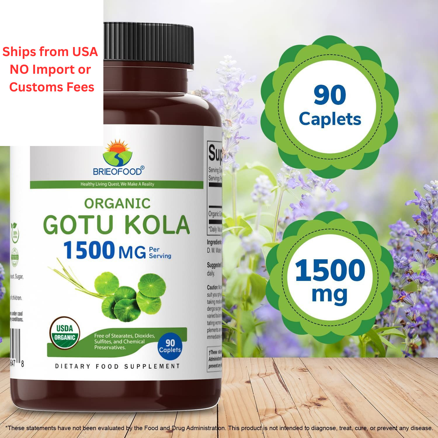 Brieofood Organic Gotu Kola 1500mg, 45 Servings, 90 Count (Pack of 1)