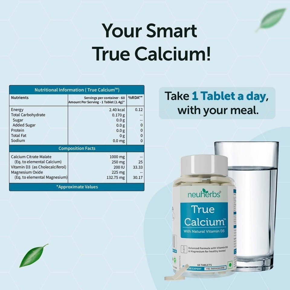 Neuherbs True Calcium 1000mg Supplement For Men & Women Vitamin D3 – 60 Tabs