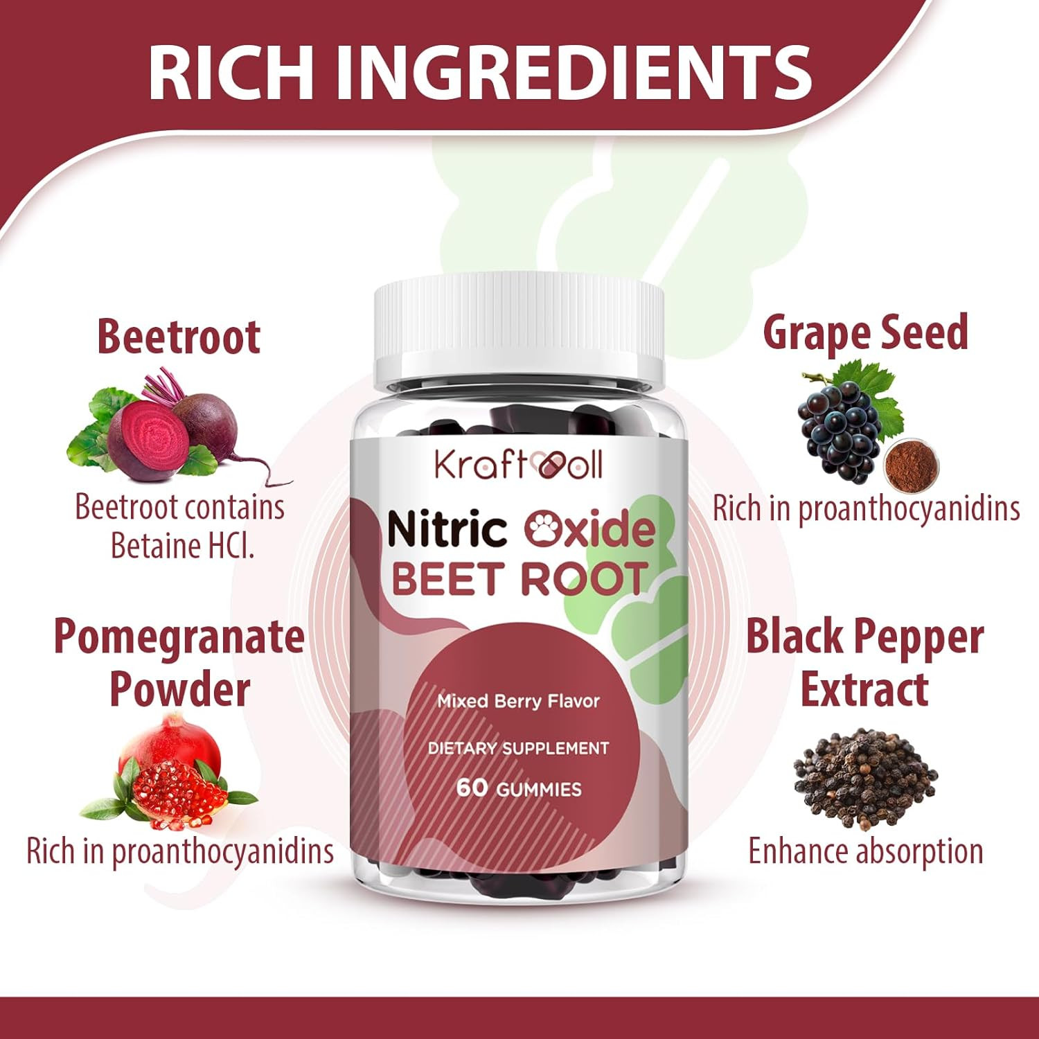 Beet Root Gummies 6000Mg – Nitric Oxide Booster with Grape Seed, Pomegranate, Vi