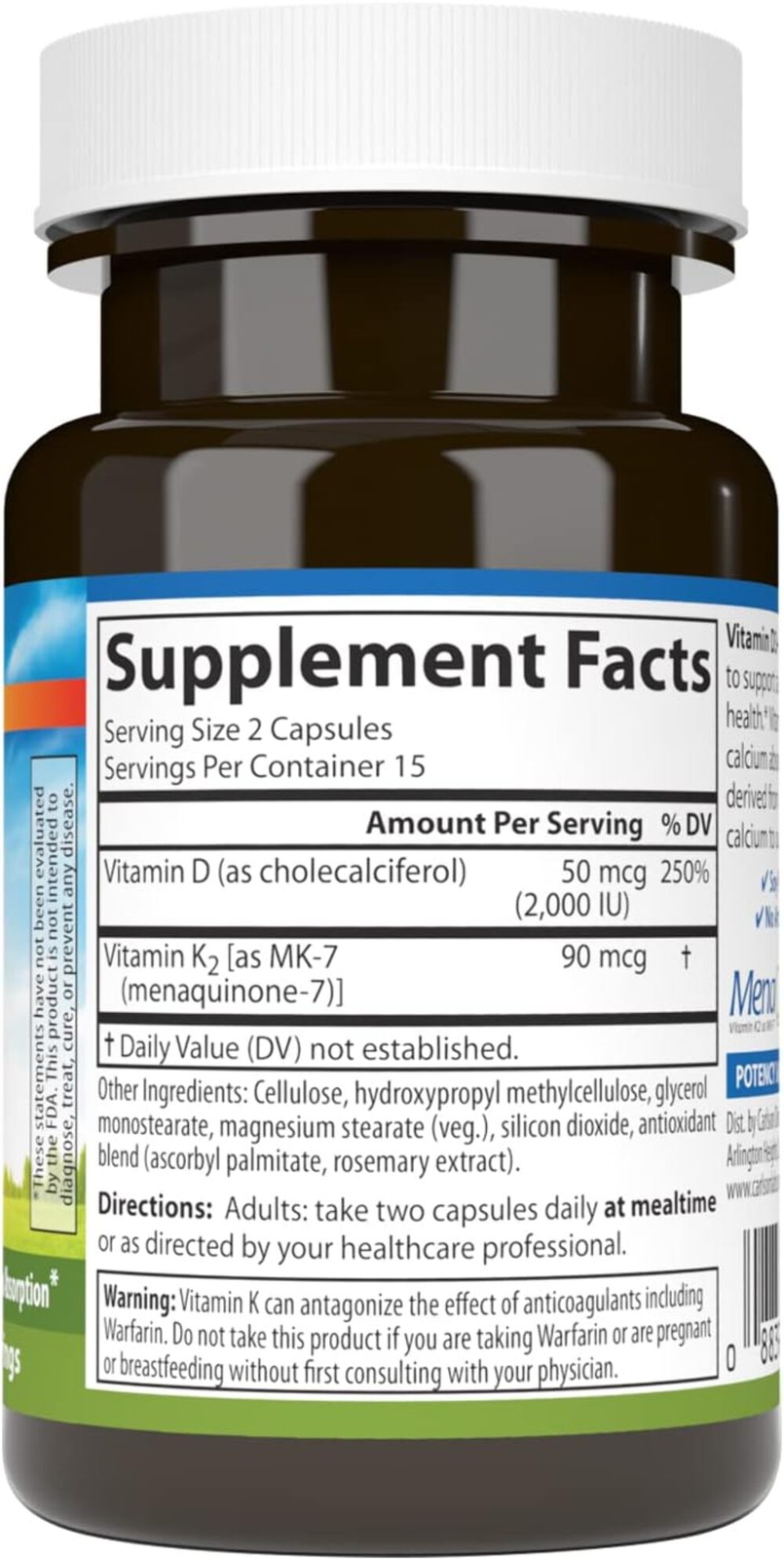 Carlson – Vitamin D3 + K2, 50 mcg (2000 IU) Vitamin D3 & 90 mcg Vitamin K2 as MK