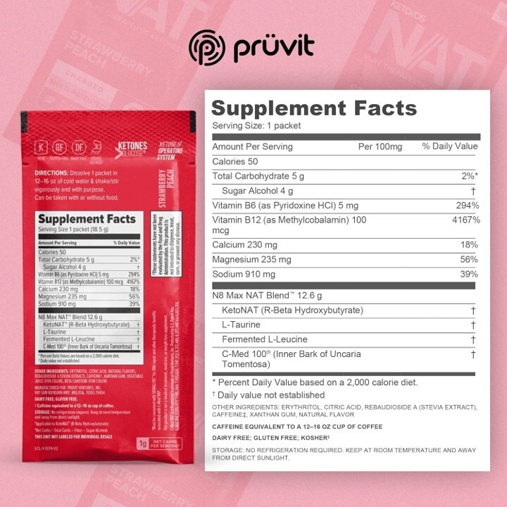 PRUVIT ketone drink Keto Nat STRAWBERRY PEACH CAFFEINE FREE / FREE SHIPPING