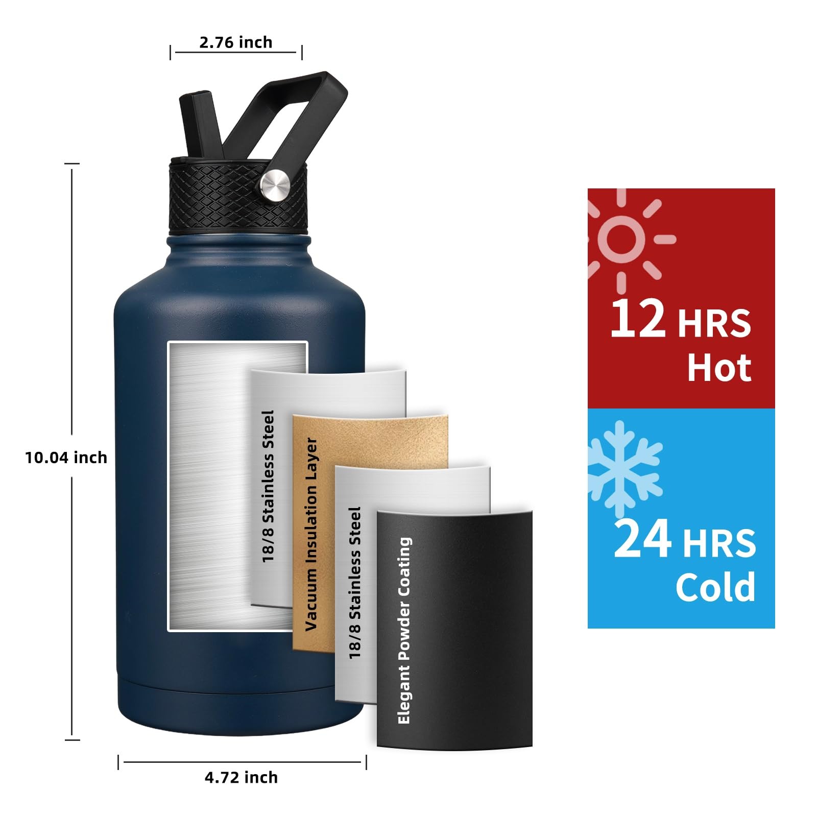YONICOER Insulated Water Bottle 64oz,Triple Wall Vacuum 64 Ounces, Navy Blue