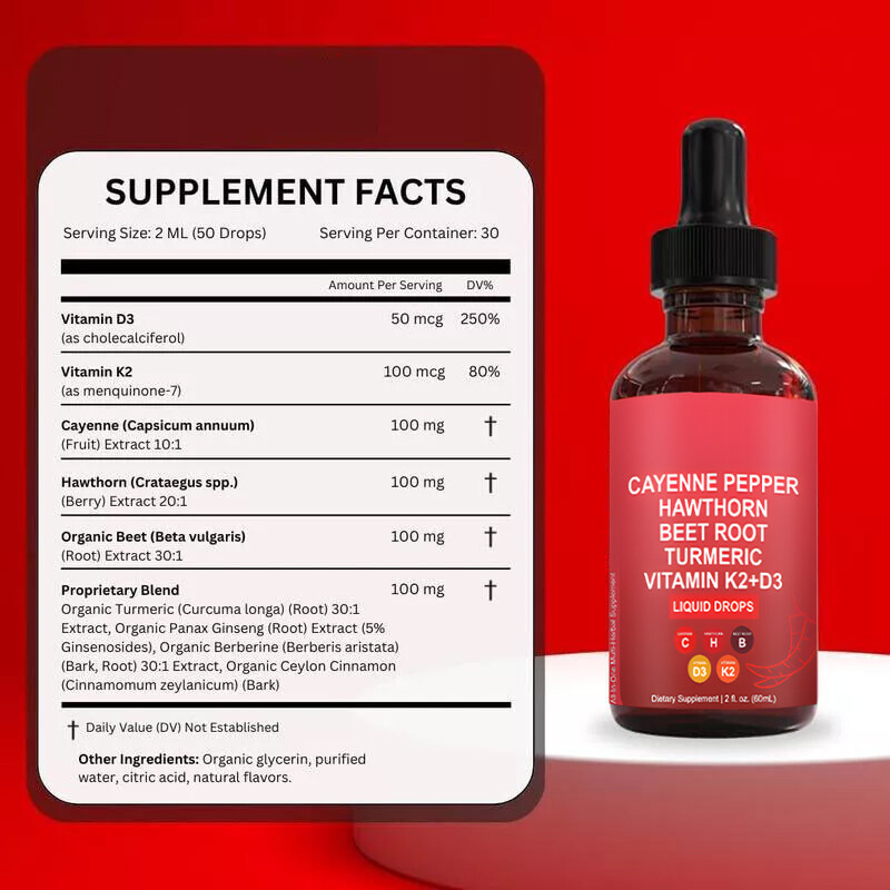 Cayenne Pepper Hawthorn Beet Root Turmeric Vitamin K2+D3 Drops 60ml