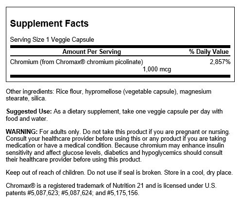 Swanson Chromax 1000 Chromium Picolinate 1,000 Mcg 60 Veggie Capsules