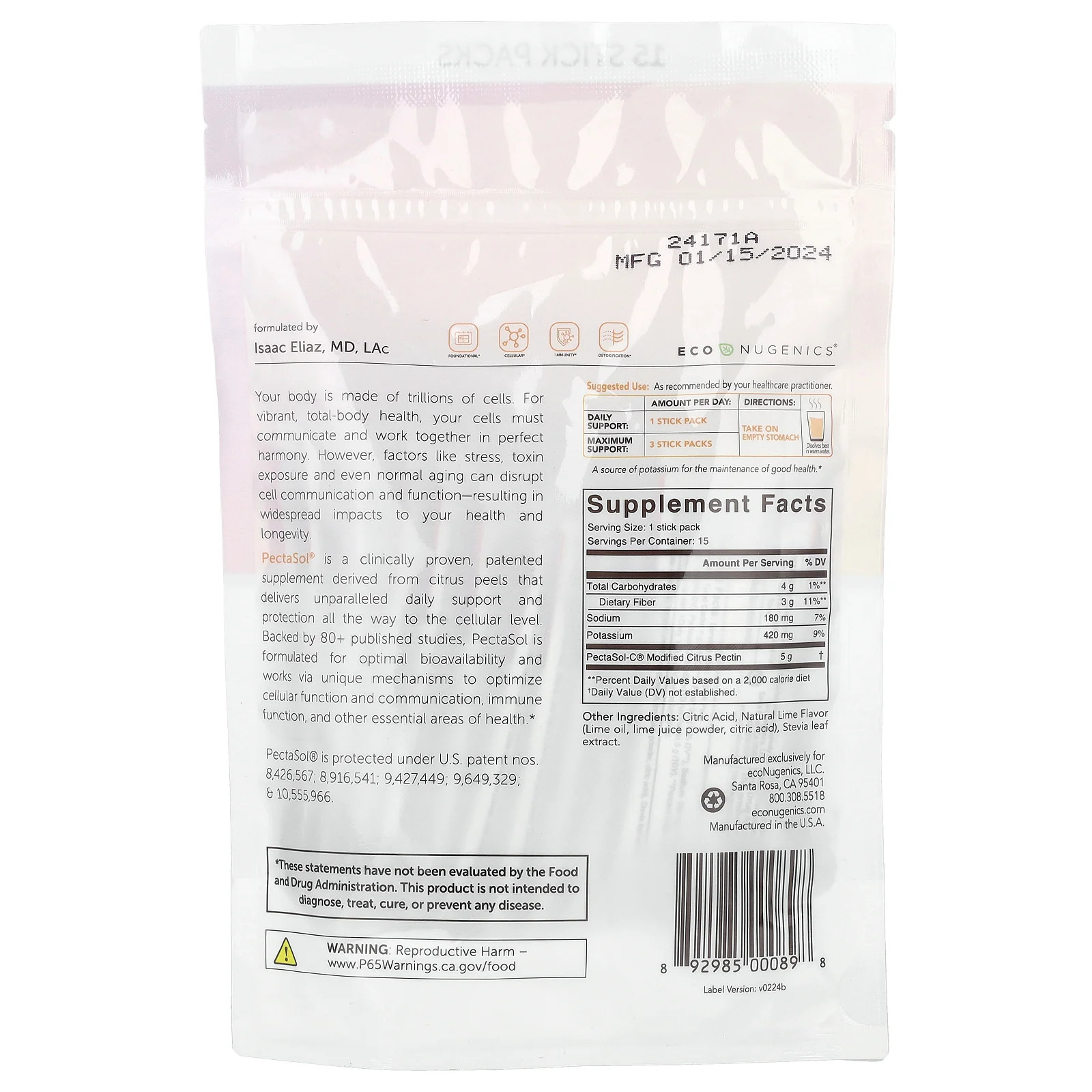2 X Econugenics, PectaSol� Modified Citrus Pectin, 15 Stick Packs, 0.22 oz (6.1