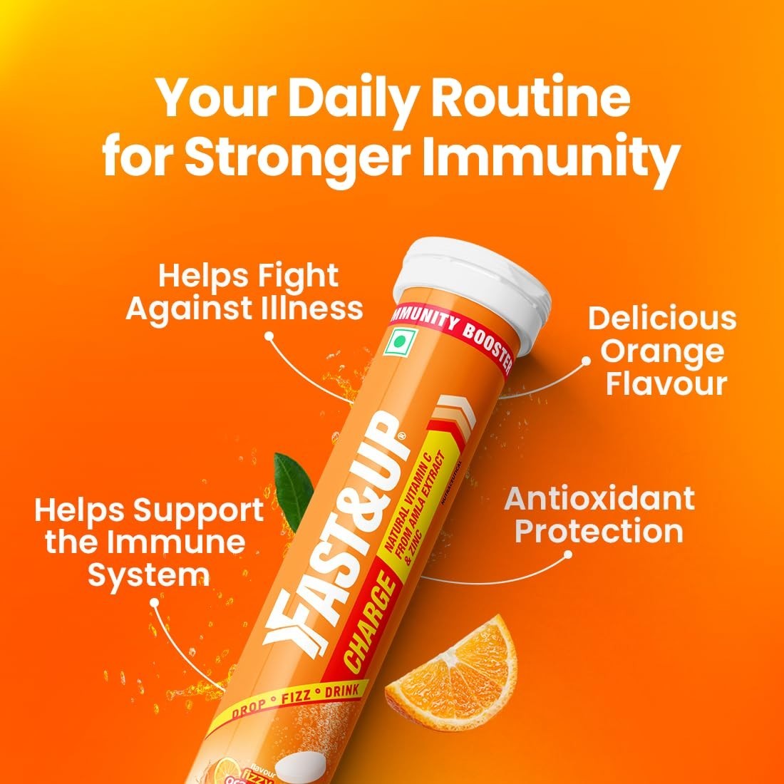 Fast&Up Charge Natural Vitamin C 60 Effervescent Tablets Amla & Zinc Orange