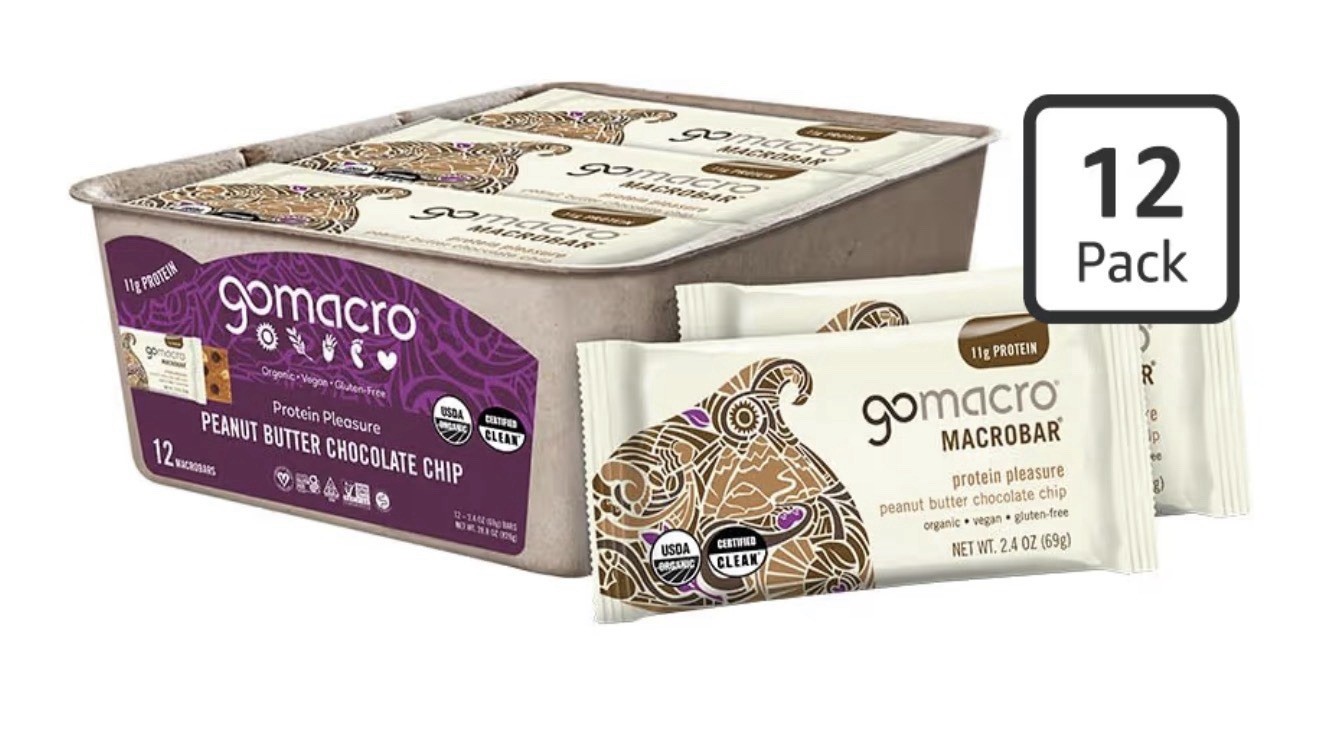 GoMacro Macrobar Peanut Butter Chocolate Chip Bars 11g Protein (2 Boxes= 24 Ct)