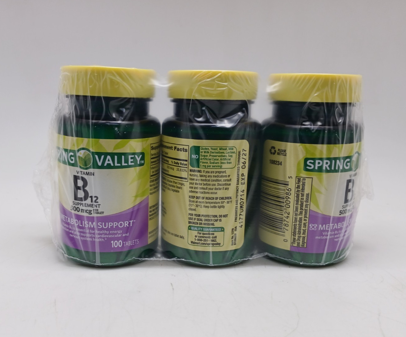 Spring Valley Vitamin B12 500mcg 3 Pack (300 Tablets Total) – Energy Support