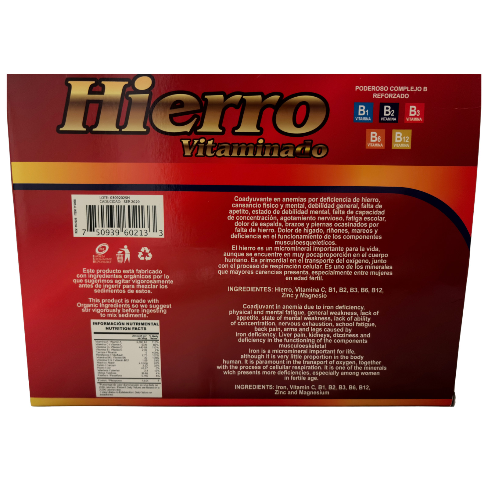 Hierro Vitaminado, Iron Liquid Dietary Supplement 10 x 15ml Ampolletas