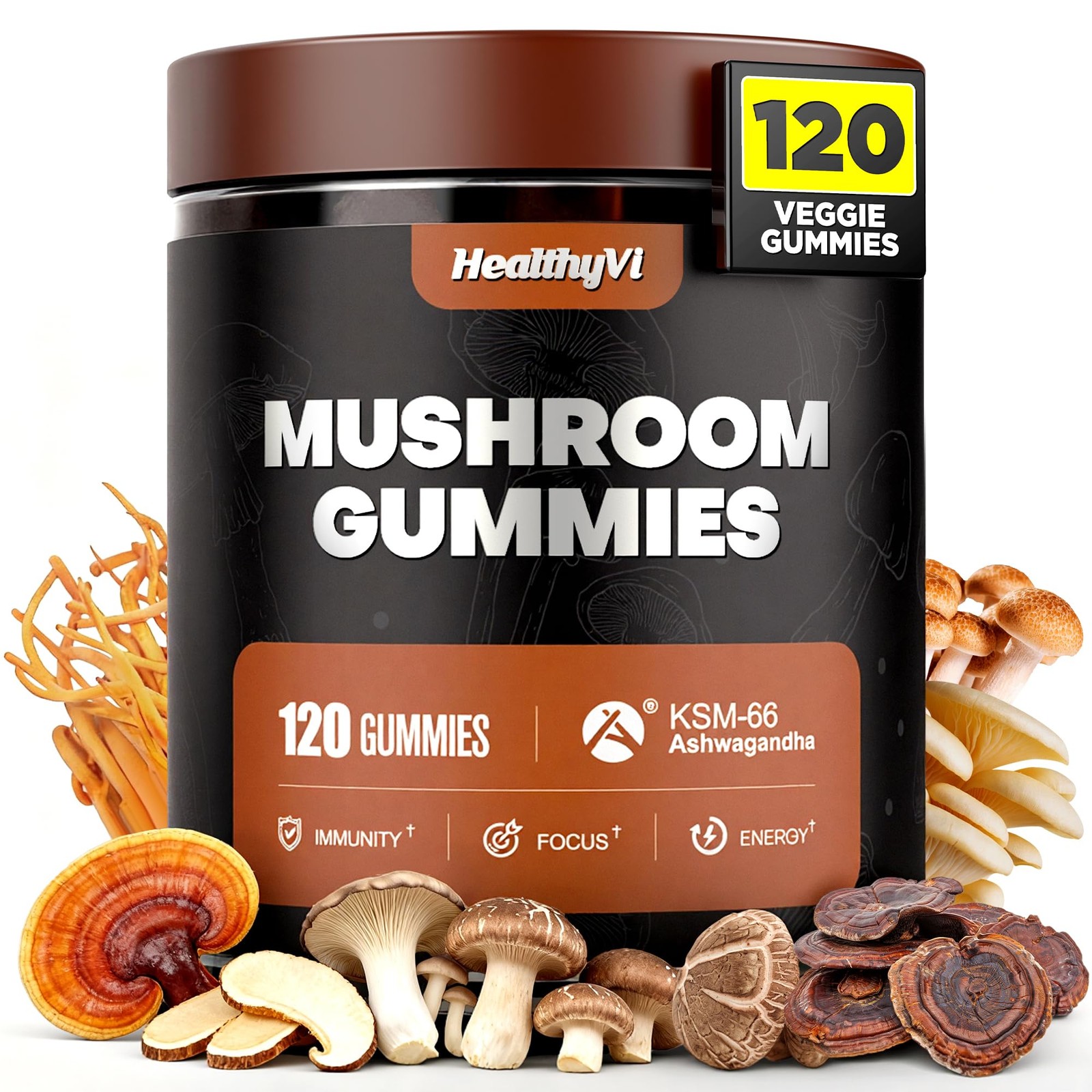 Healthyvi 10-In-1 Mushroom Gummies Ksm-66 Ashwagandha Magnesium Threonate