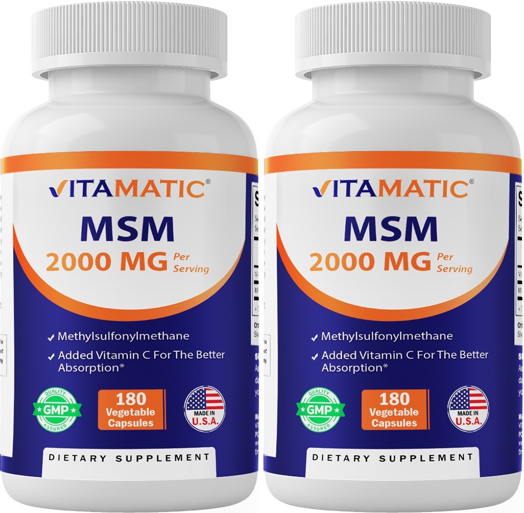 Vitamatic MSM 2000 mg with Vitamin C 75mg per Serving – 180 Veg Capsules-2 Pack