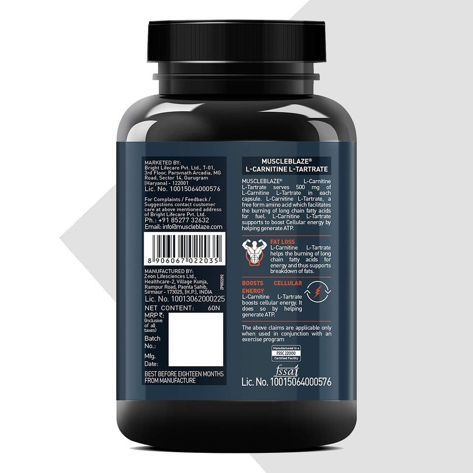 MuscleBlaze L-Carnitine L-Tartrate Helps Convert Fat into Energy For Men & Women