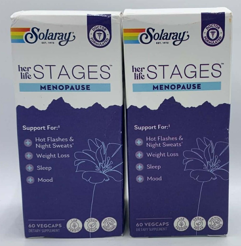 2PK Solaray Her Life Stages Menopause ~ 60 Vegcaps Each ~ EXP 8/26 ~ FAST SHIP