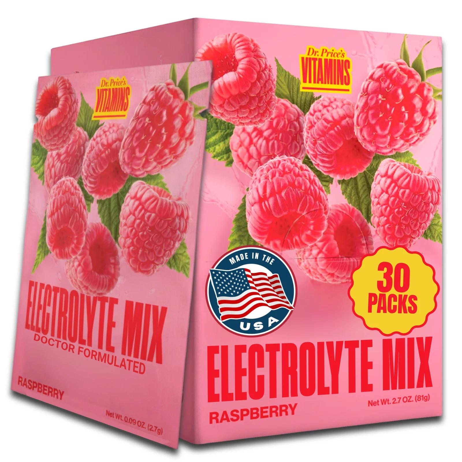 Dr. Price’s Electrolyte Mix – Raspberry Flavor, 30 Packets Sugar-Free Powder.