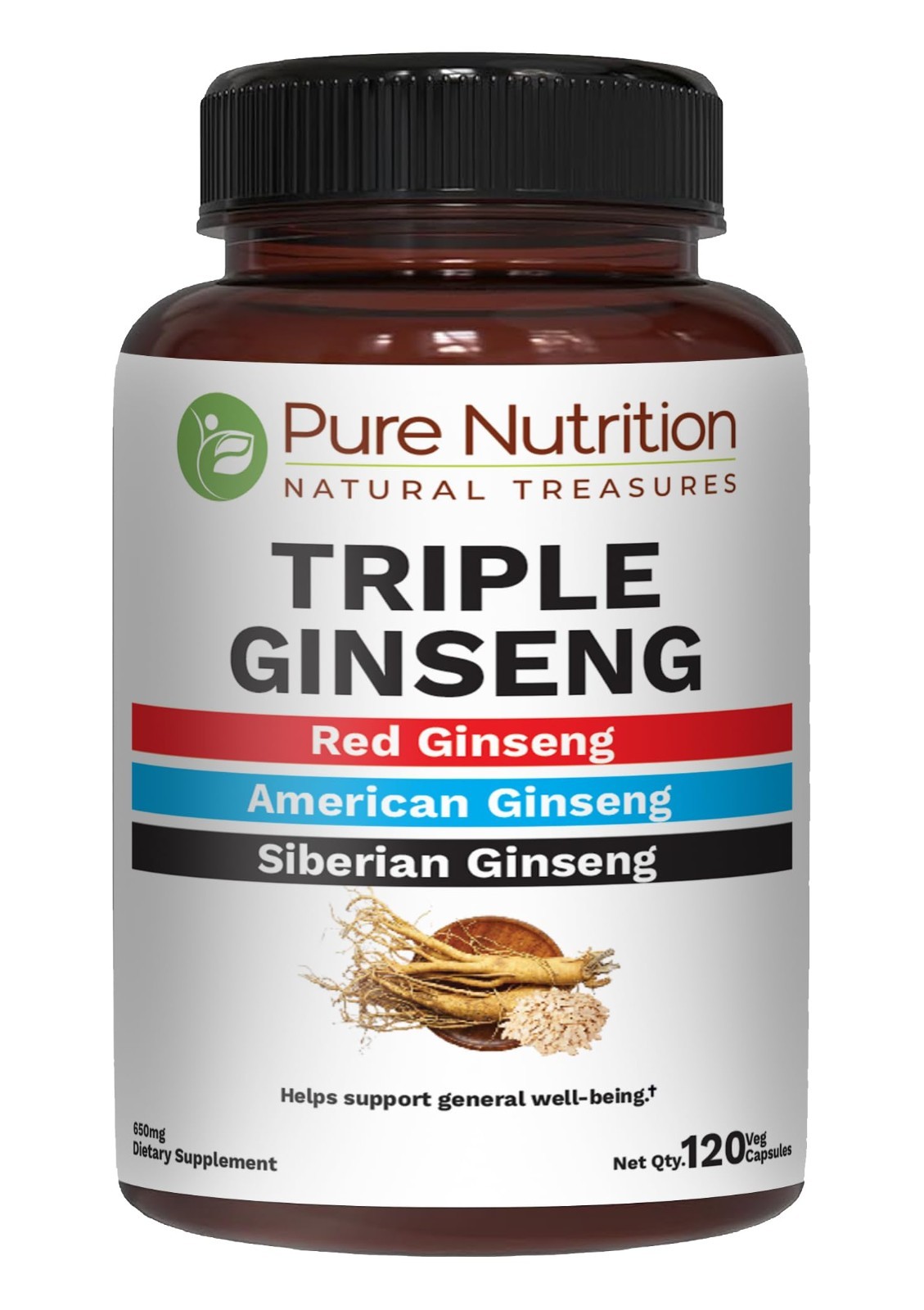 Triple Ginseng Complex 650mg | 120 Capsules | Energy & Vitality Boost | Non-GMO