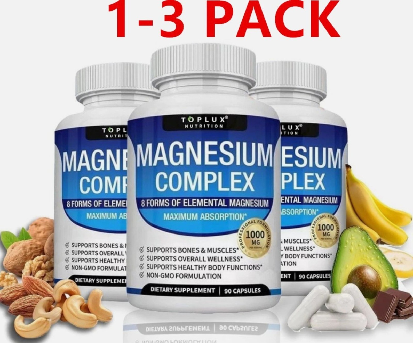 3bottle Toplux Nutrition Magnesium Complex 1000mg Supports 8 Elemental Magnesium