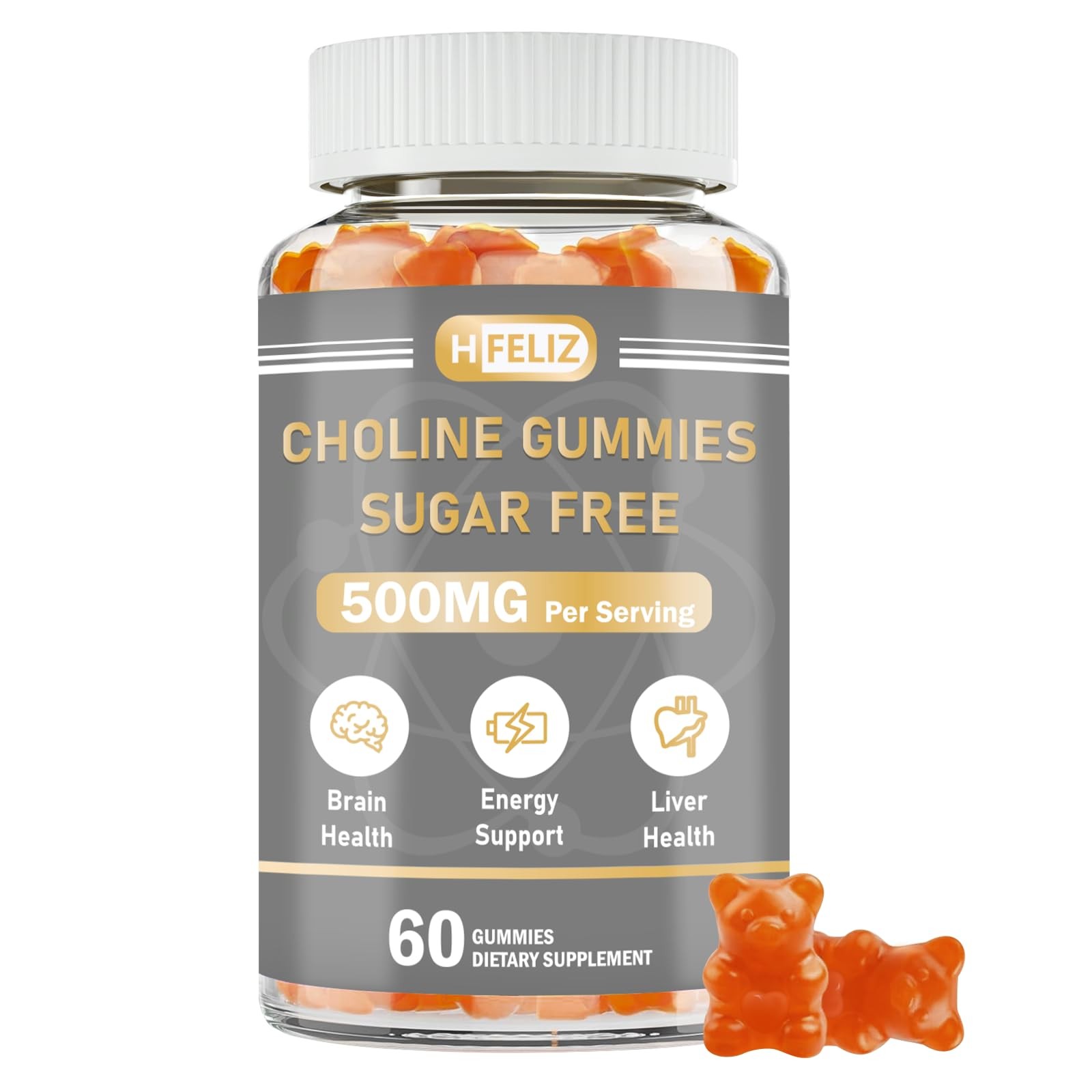 HFELIZ Choline Supplement Gummies Sugar Free, 500mg 60 Count (Pack of 1)