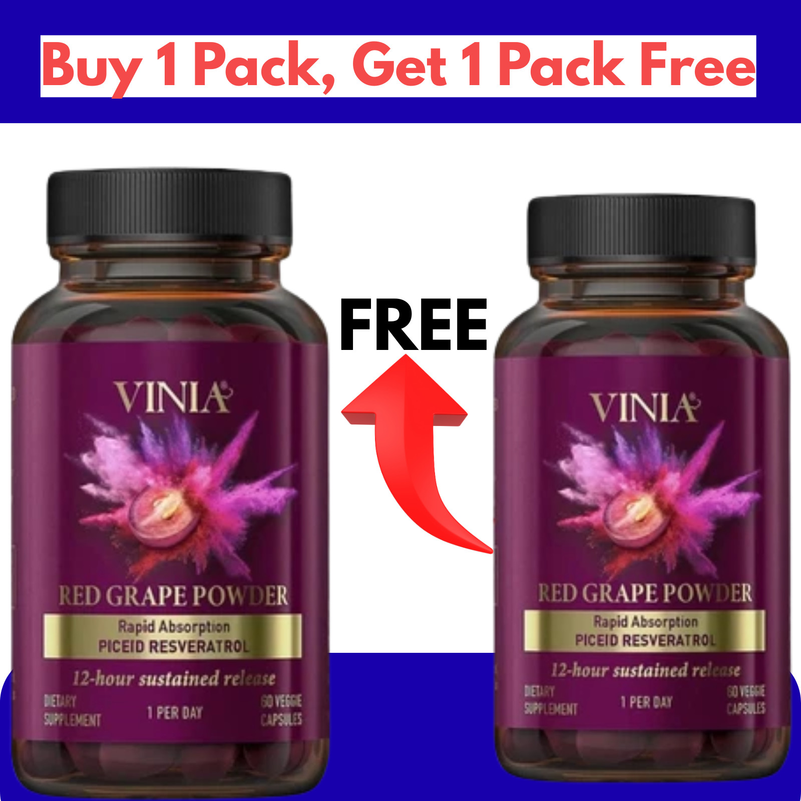 (2 Vinia Resveratrol Powder Red Grape Packs) Rapid Absorbtion Piceid 120Capsules