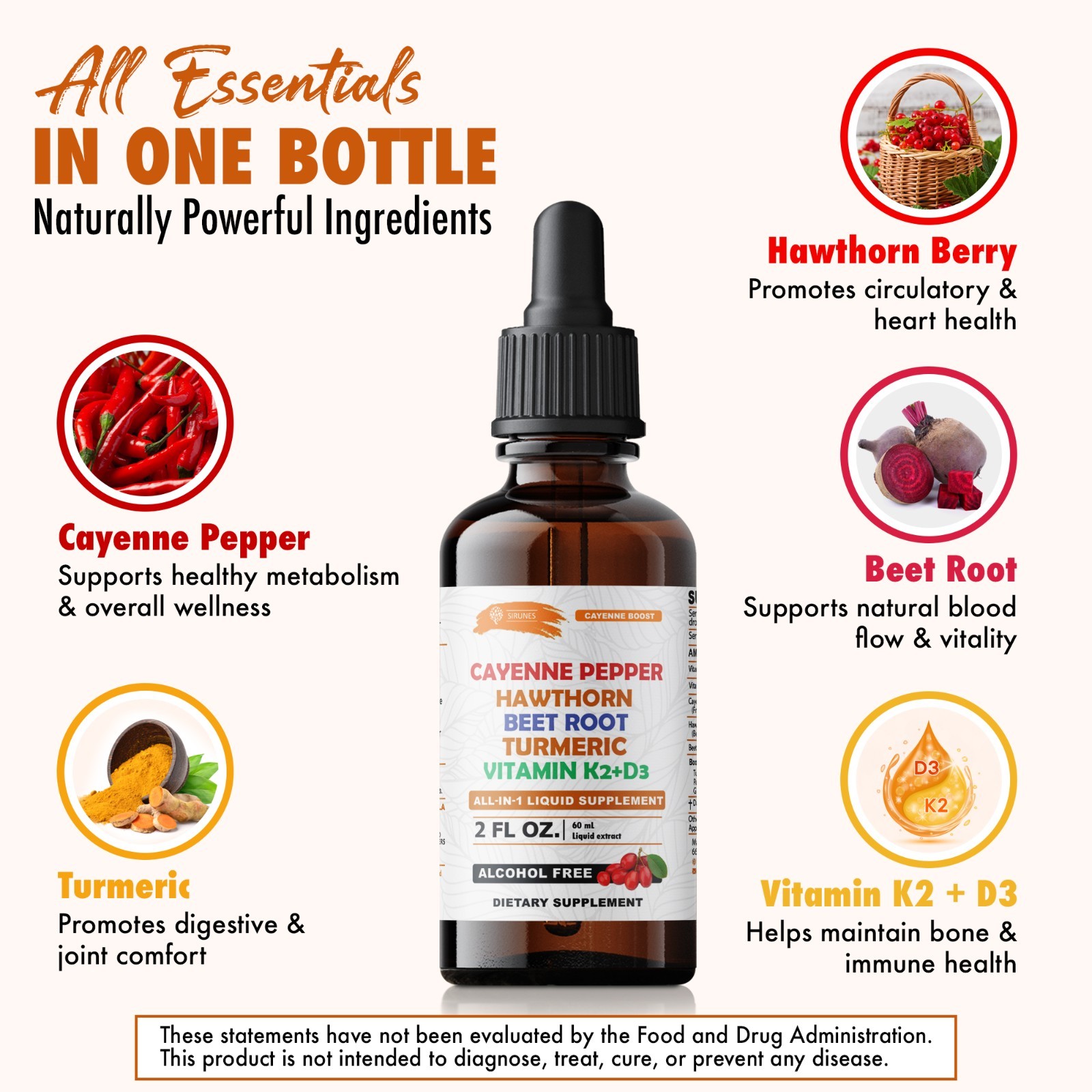 Cayenne Pepper Hawthorn Beet Root Turmeric K2 D3 Liquid Supplement 2oz Drops