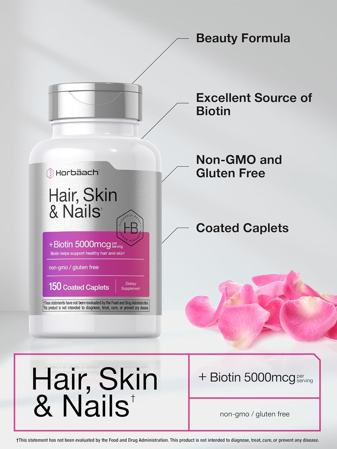 Hair Skin & Nails Vitamins | 150 Caplets | with Biotin & Collagen | by Horbaach