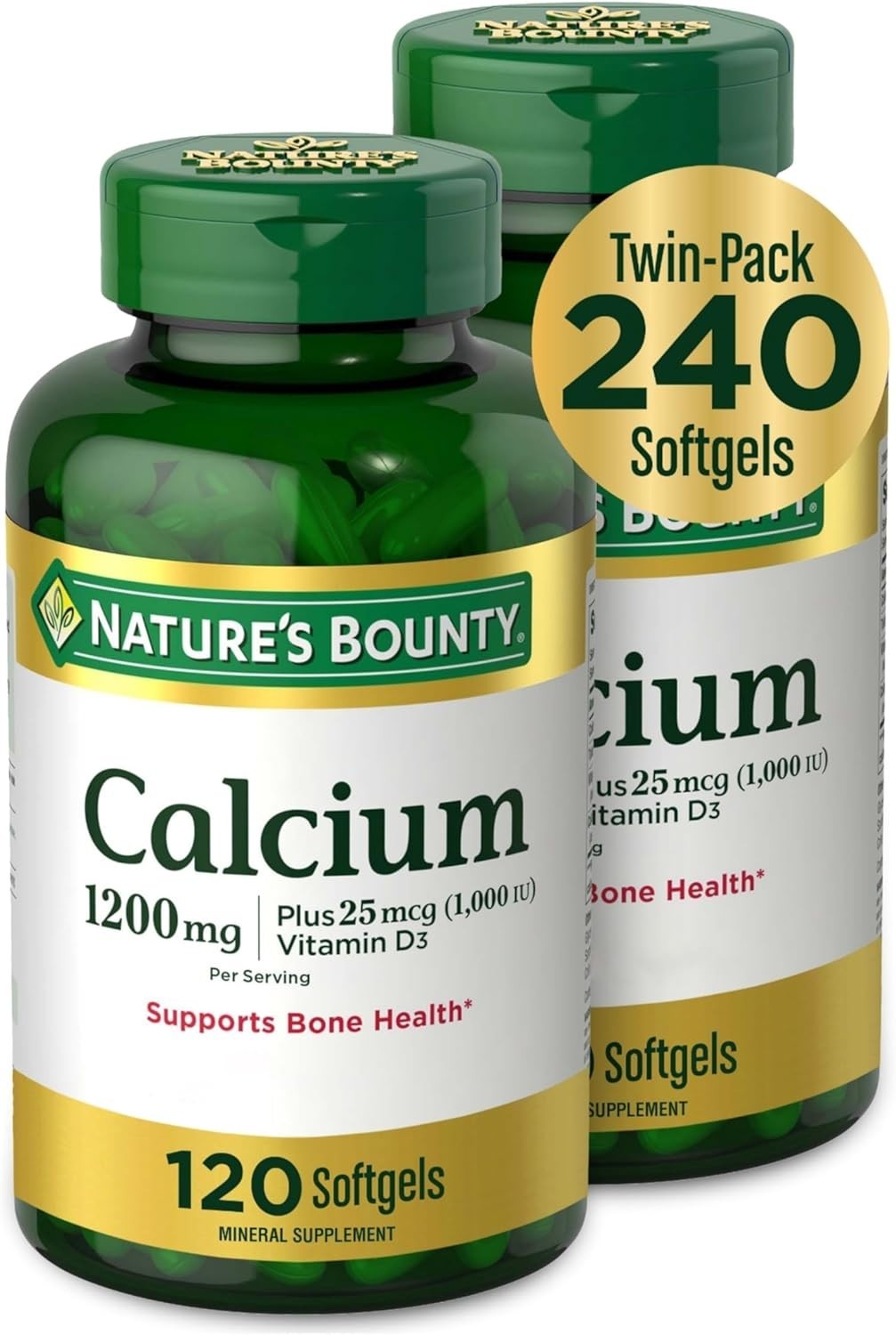 Nature’s Bounty Calcium 1200 mg + Vitamin D3 – Bone Health Softgels, 2 x 120 Ct