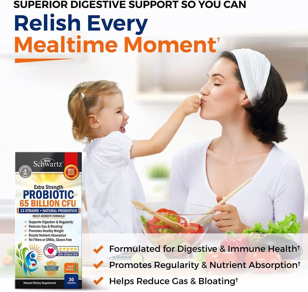 BioSchwartz Probiotic 65 Billion CFU Reduce Bloating & Support Digestion, 30 ct