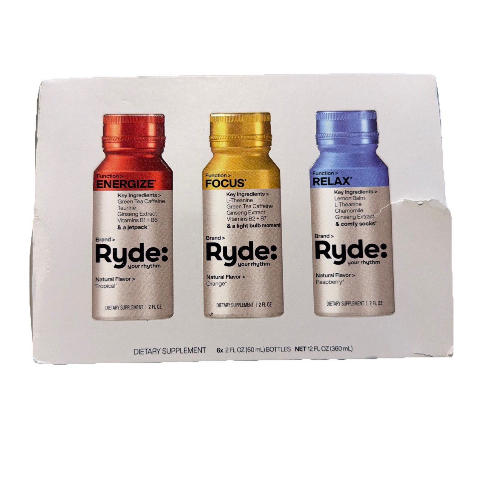 Ryde: Your Rhythm Shots 2.02 fl oz Energize Focus Relax 6 Pack 3 Flavors 12/2025