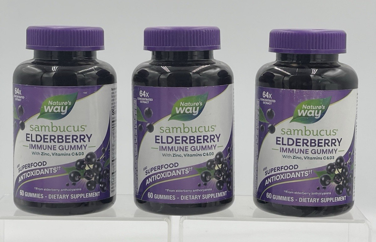 Lot of 3 Nature’s Way Sambucus Elderberry Gummies Vitamin C D3 60Ct EXP 04/27